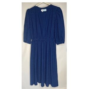 Vintage Lady Carol Petites of New York Polka Dot Navy Dress Sz 14